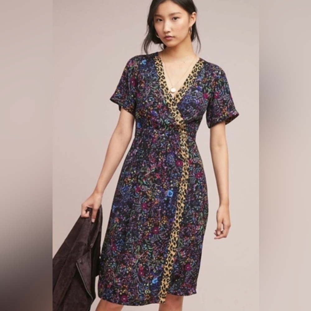Anthro Maeve Morgan Dark Floral + Leopard Print V-Neck Dress size 2